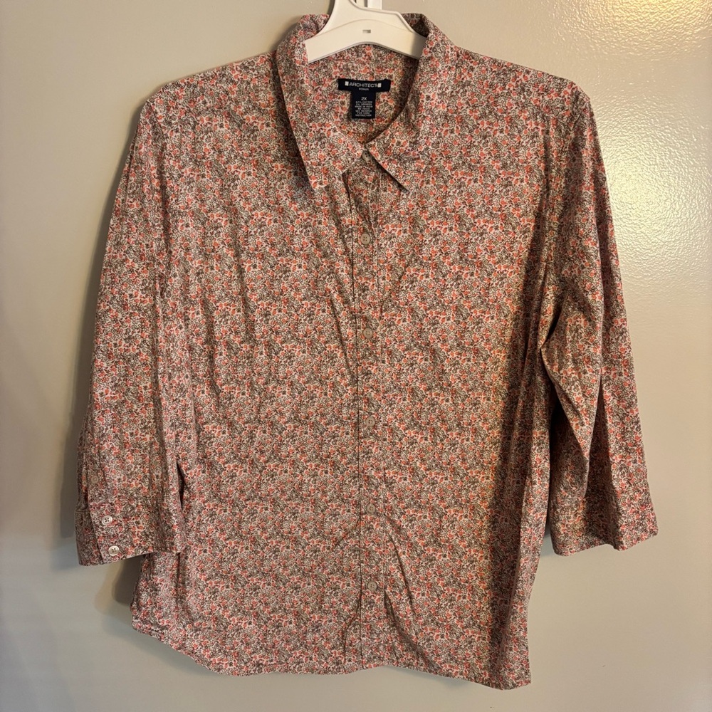 Architect 2X Floral Button Front Blouse Stretchy Cotton 3/4 Sleeve